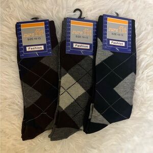 🆕 Sure Fit Men's Argyle Socks - 3Pair. Black, Brown, Gray   XO
